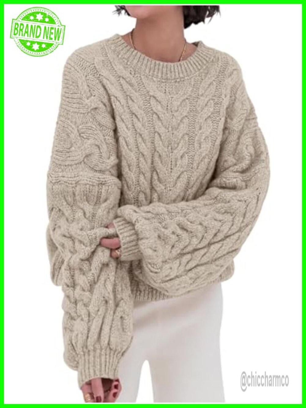 Women's Cable Knit Oversized Sweater Crewneck Chunky Pullover Loose Fit